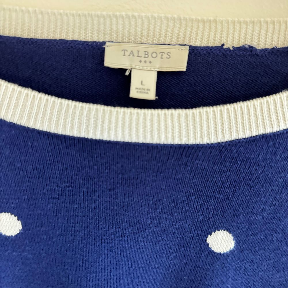 Talbots Womens Large Crew Neck Sweater Blue White Polka Dot 100% Cotton Preppy - Picture 3 of 6